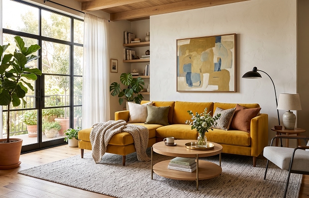 Salon contemporain lumineux avec canapé jaune, mobilier en bois, plantes vertes et grande fenêtre donnant sur un jardin