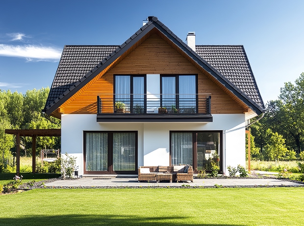 Maison contemporaine à deux étages avec toit gris, terrasse, mobilier extérieur et jardin verdoyant