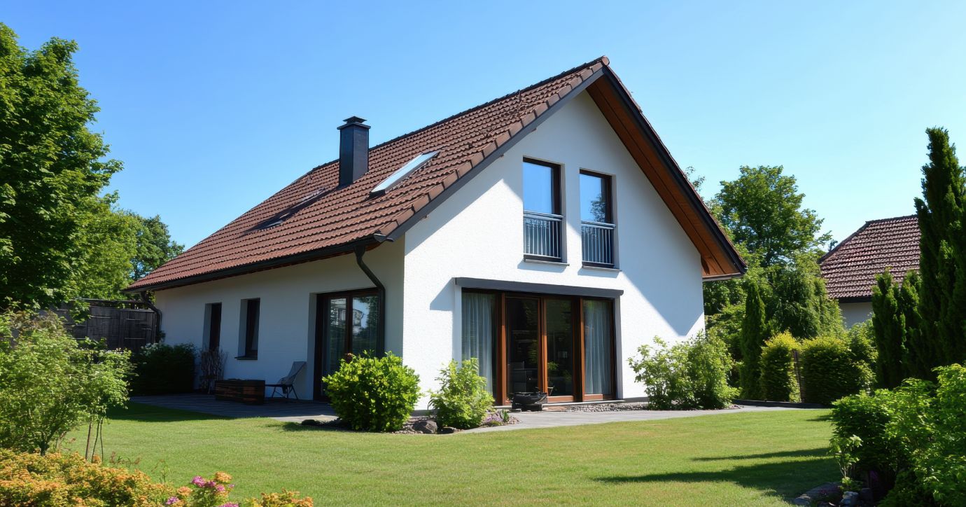 Maison moderne blanche avec toit en tuiles rouges, jardin verdoyant et terrasse sous un ciel bleu