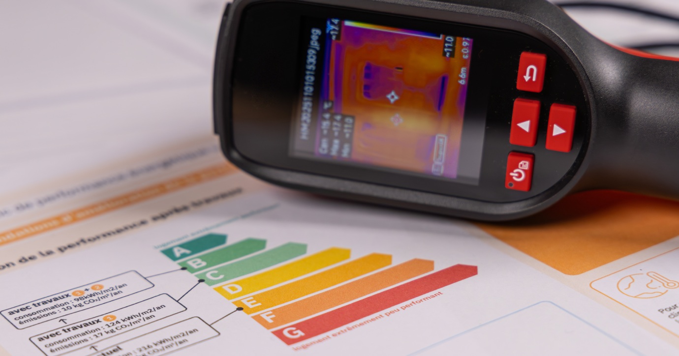 Caméra thermique analysant la performance énergétique d’un bâtiment avec documents de diagnostic énergétique